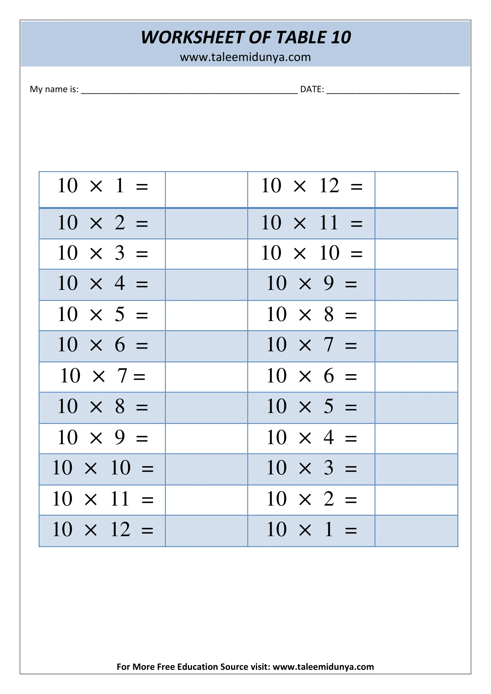 table of 10